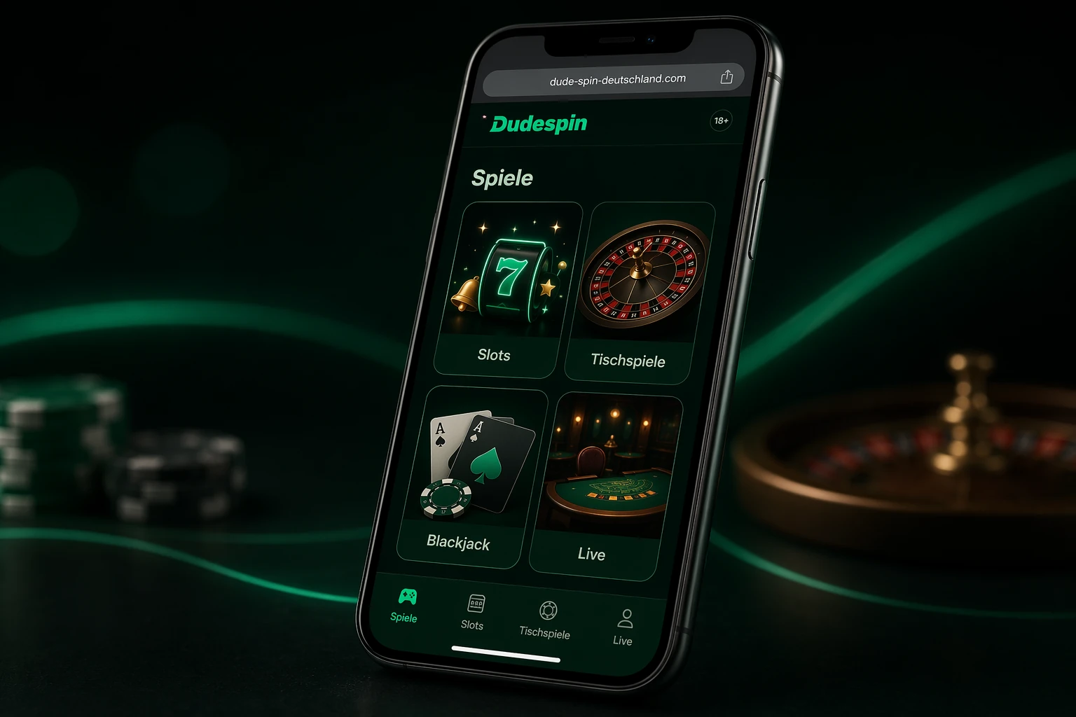 Spielauswahl und Benutzeroberfläche in der Dude Spin Mobile App